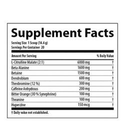 Supplement facts panel of Nutrabolics Supernova for serving size of 1 scoop (14.4 g) with 20 servings per container