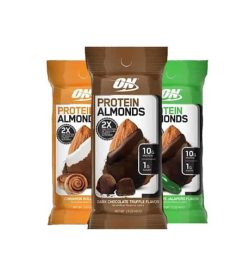 ON Optimum Nutrition Protein Almonds brown, orange and green pouches each different flavour Dark Chocolate Truffle, Cinnamon Roll and Jalapeno