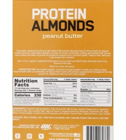Nutrition facts and ingredients panel of Optimum Nutrition Protein Almonds Peanut Butter for serving size of 1 packet (43 g) with 12 servings per container