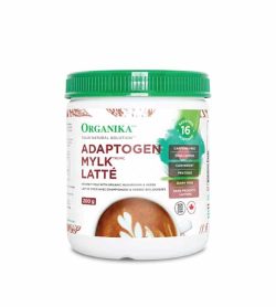 White container with green lid and brown text of Organika Adaptogen Mylk Latte containing 200 g