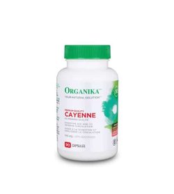 White bottle with green lid and red text of Organika Your Natural Solution Premium Quality Cayenne containing 90 capsules