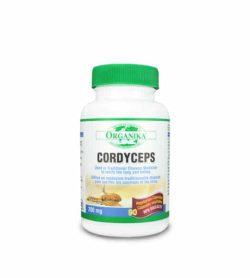 White bottle with green lid of Organika Cordyceps 200 mg containing 90 capsules shown in white background