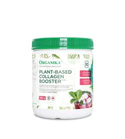 White container with green lid and green text of Organika Plant Based Collagen Booster containing 150 g