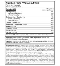 Nutrition facts and ingredients panel of Perfect Sports Pure Whey Protein for serving size of 1 scoop (34 g)