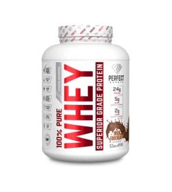 White container with white lid of Perfect Sports 100% Pure Whey Superior Grade Protein with Milk Chocolate flavour