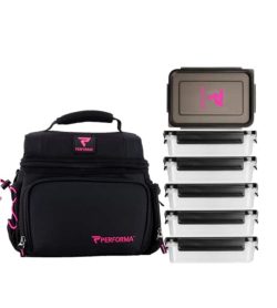Black and pink Performa Matrix Meal Prep Bag for 6 meals shown with containers in white background