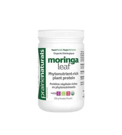 White and green container with white lid of Prairie Naturals Organic Moringa Leaf Phytonutrient-rich plant protein contains 200 g powder