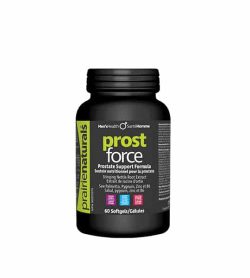 Black bottle with black cap of Prairie Naturals Prost Force Prostate Support Formula contains 60 softgels