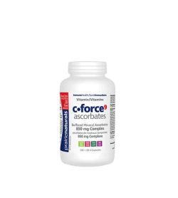 White container with white cap of Prairie Naturals C-Force9 Ascorbates 850 mg complex containing 120 + 20 V-Capsules