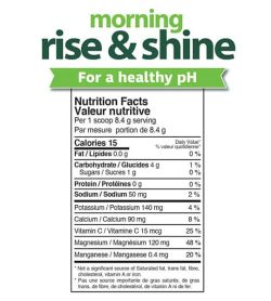 Nutrition facts panel of Prarie Naturals Morning Rise & Shine for serving size 1 scoop (8.4 g)