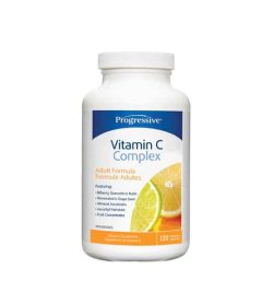 White bottle with white cap of Progressive Vitamin C Complex Adult Formula containing 120 tablets