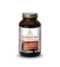 Brown bottle with shiny lid of Purica Complete 360 Micronized Mushrooms for Stress Relief & Immune Support contains 120 vegan caps