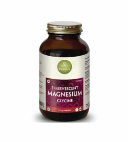 Brown bottle with shiny lid of Purica Effervescent Magnesium Glycine containing 150 g powder