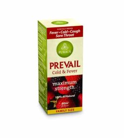 Green and red box of Purica Prevail Cold & Fever maximum strength 100% all natural family size contains 90 ml