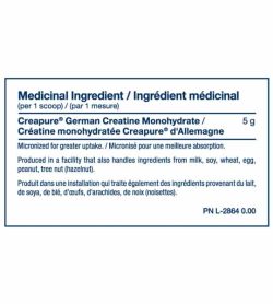 Medicinal ingredients panel of PVL Creapure Creatine for serving size 1 scoop shown in blue text in white background