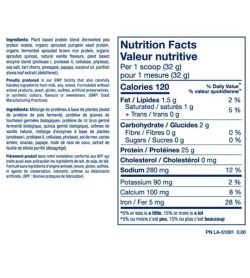 Nutrition facts and ingredients panel of PVL Plant Pro Fermented Sprouted Protein for serving size of 1 scoop (32 g)