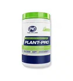White, blue and green container with green lid of PVL Pure Vita Labs Plant-Pro contains 840 g dietary supplement