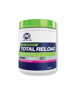White, blue and green container with green lid of PVL Post Workout Total Reload contains 600 g