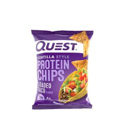 Purple bag of Quest Tortilla Style Protein Chips with Loaded Taco flavour showing taco and chips on the package