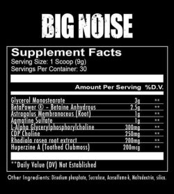 Supplement facts and ingredients panel of Redcon1 Big Noise PumpPre-workout for serving size of 1 scoop (9 g) with 30 servings per container