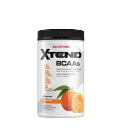 Silver container with black cap of Scivation Xtend BCAAs containing 30s showing oranges on package