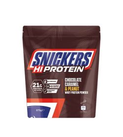 Dark brown pouch of Snickers HiProtein Whey Protein Powder with Chocolate Caramel & Peanut flavour contains 875 g