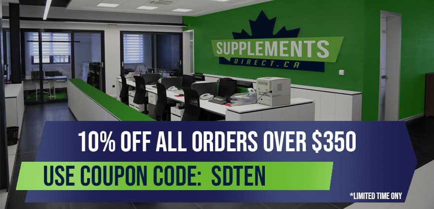 10% off all orders over $350 use coupon code sdten background is vancouver supplements direct office