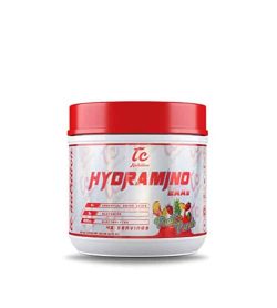 White container with red cap of TC Hydramjno EAAs with Fruit Punch flavour contains 45 servings