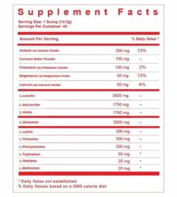 Supplement facts panel of TC Nutrition Hydramino EAA for serving size of 1 scoop (13.5 g) with 45 servings per container