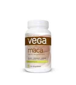 White and brown container with white lid of Vega Maca dietary supplement contains 120 Vegicaps