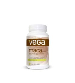 White and brown container with white lid of Vega Maca dietary supplement contains 180 g powder