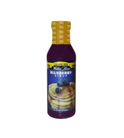 Purple bottle with yellow cap of Walden Farms Calorie free Blueberry Syrup shown in white background