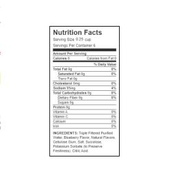 Nutrition facts and ingredients panel of Walden Farms Blueberry Syrup for serving size 0.25 cup with 6 servings per container
