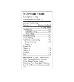 Nutrition facts and ingredients panel of Walden Farms Caramel Syrup for serving size 2 tbsp with 12 servings per container