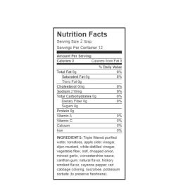 Nutrition facts and ingredients panel of Walden Farms Hickory Smoked BBQ Sauce for serving size 2 tbsp and 12 servings per container