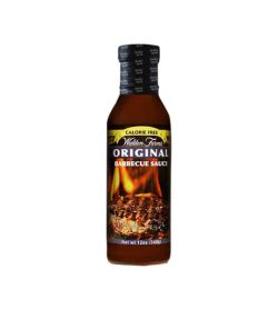 Brown bottle with black cap of Walden Farms Original Barbecue Sauce shown in white background