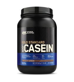 One black and blue container of Optimum Nutrition Casein 2lbs chocolate supreme flavour