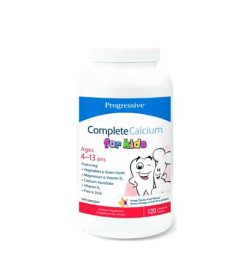 White and blue bottle of Progressive Complete Calcium for kids contains 120 chew tablets