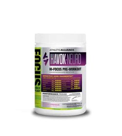 White container with white lid of Athletic Alliance Havok-Neuro Hi-Focus Pre-Workout Performance Promise