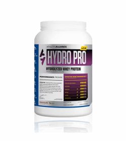 Silver and purple container with white lid of Athletic Alliance Hydro Pro v3.0 Hydrolyzed Whey Protein