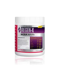 Silver and purple container with white lid of Athletic Alliance Regen-X v2.0 BCAA 4:1:1+ with Fruit Punch flavour