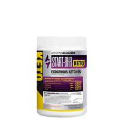 Silver and purple container with white lid of Athletic Alliance Start BHB Keto Exogenous Ketones