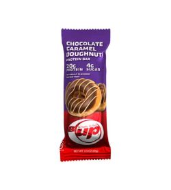 Red and purple pouch of BUp Chocolate Caramel Doughnut protein bar showing 20 g protein and 4 g sugar