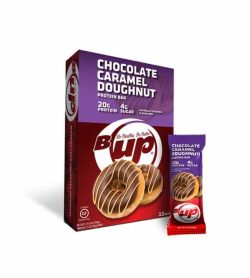Red and purple box and pouch of BUp Chocolate Caramel Doughnut Protein Bars with 12 bars per box and each bar containing 20 g protein and 4 g sugar