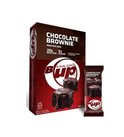 Red and brown box and pouch of BUp Chocolate Brownie protein bars with 12 bars per box and each bar containing 20 g protein and 5 g sugar