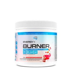 White and blue container with white lid of Believe Supplements Energy+ Burner shown in white background