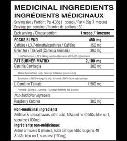 Medicinal ingredients panel of Believe Supplements Energy Burner for serving size 1 scoop (4.35 g) with 30 servings per container