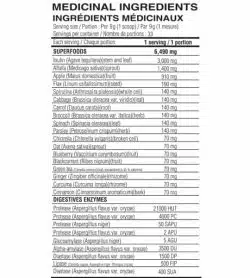 Medicinal ingredients panel of Believe Supplements Superfoods Plus Greens for serving size 1 scoop (9 g) with 33 servings per container