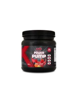 Black and red container with black lid of BioX Power Pump with Fruit Punch flavour contains 20 servings