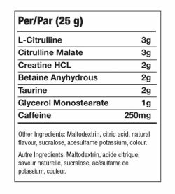 Nutrition facts and ingredients panel of Bio-X Power Pump for serving size of 25 g
